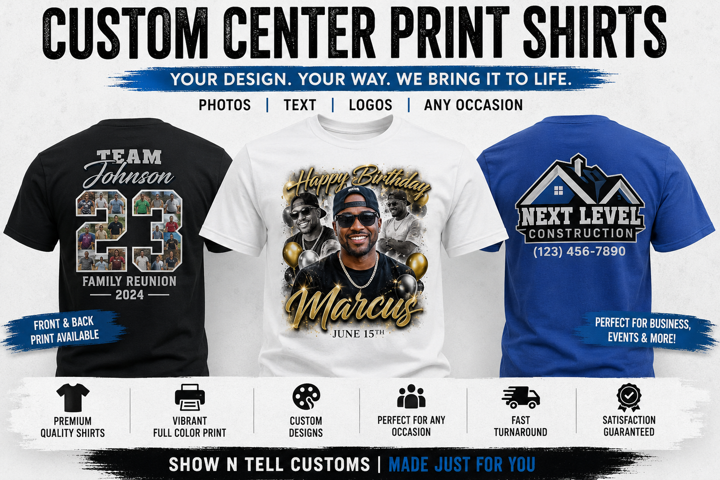 Custom Center Print T-Shirt | Personalized Photo & Text Shirt