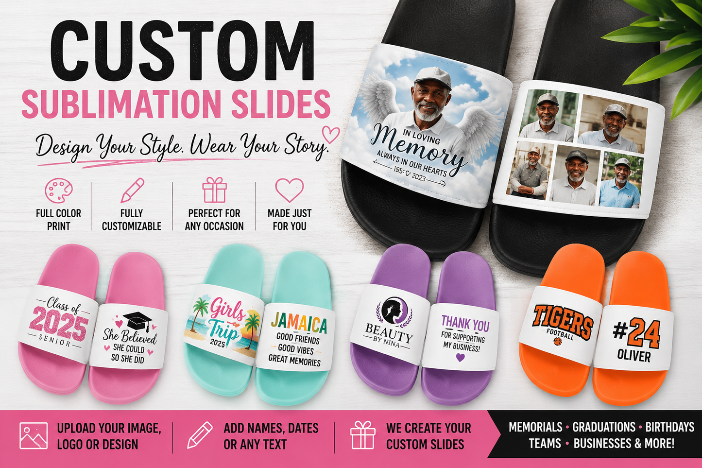 Custom Sublimation Slides | Personalized Photo Sandals | Memorial, Graduation, Birthday & Business Logo Slides